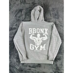 BoohooMAN‎ Bronx Gym Hoodie Gray Size M Pullover Bodybuilder Graphic NYC Y2K